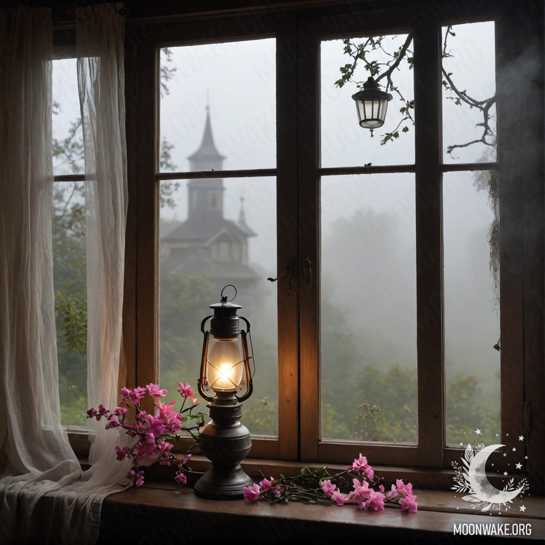 Минималистичная сцена с креслом, на котором лежит плед и букет цветов, на фоне обшарпанной стены ночью.