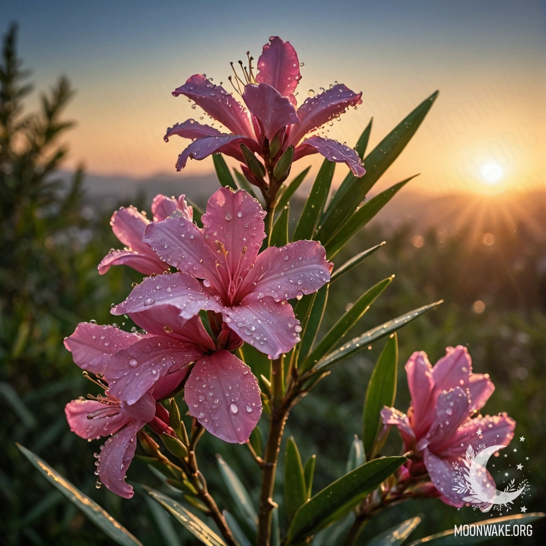 Минималистичный букет цветов олеандра с каплями росы на закате.