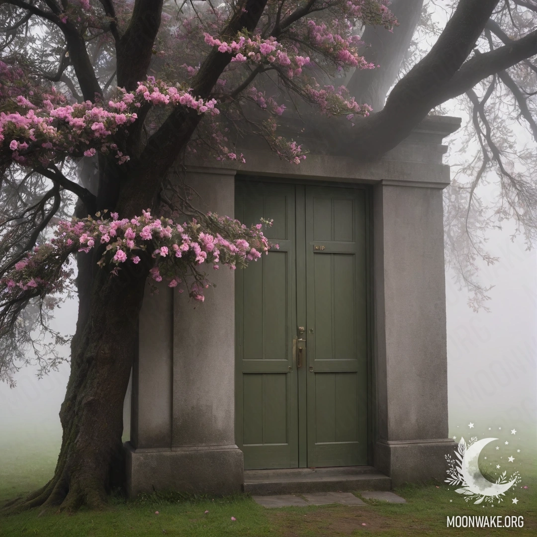 Минималистская оливковая дверь с деревом, усыпанным розовыми цветами, над ней, окружённая густым туманом.