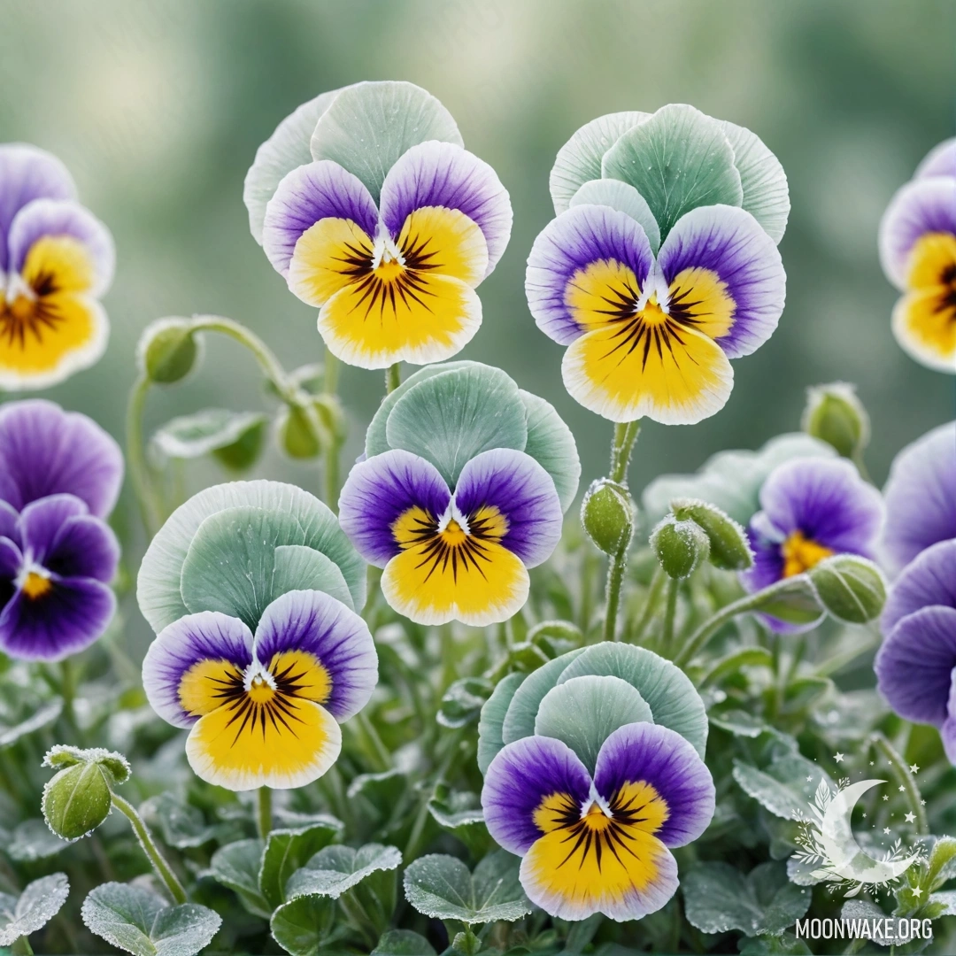 Акварельная картина с минималистскими зелеными анютиными глазками на фоне инея.