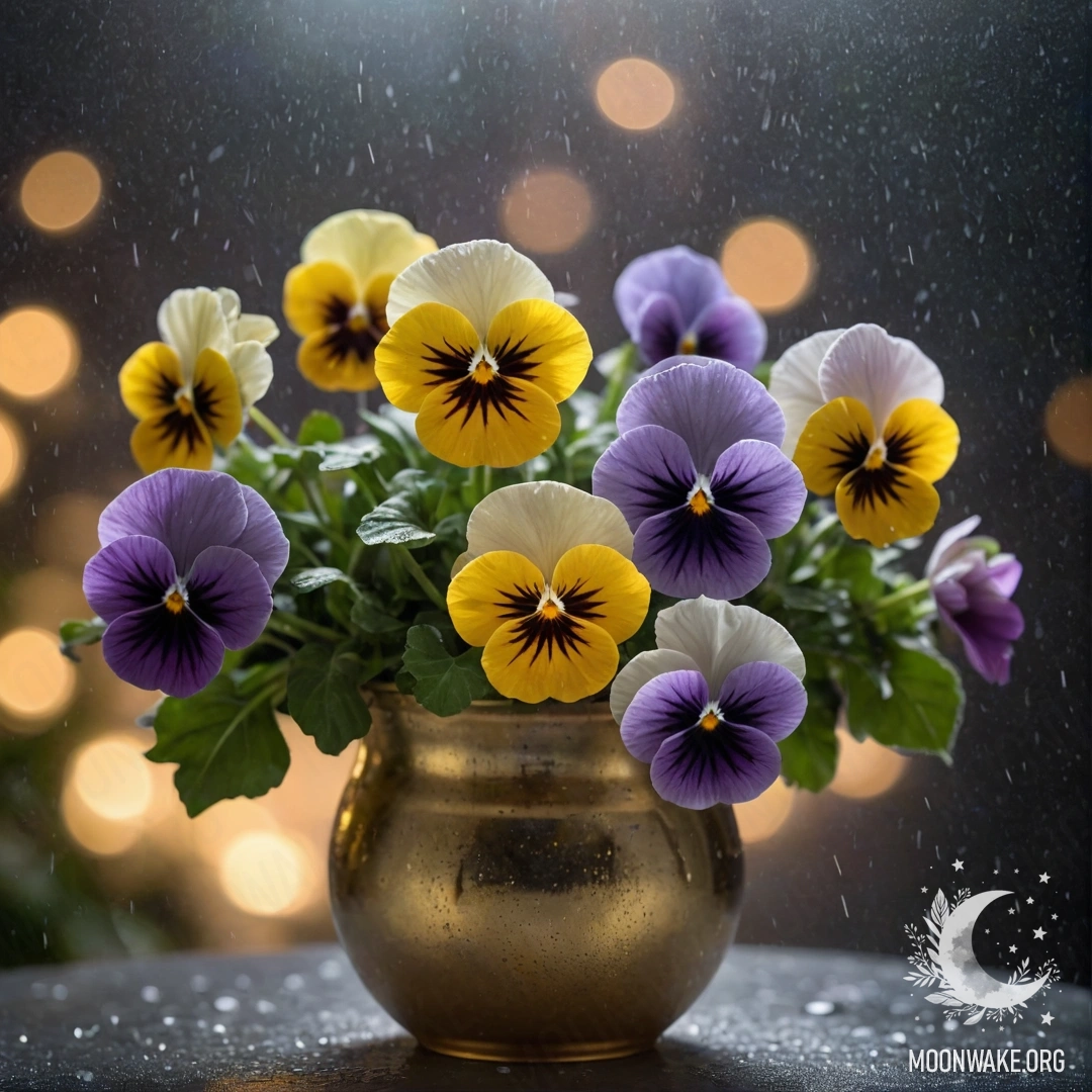 Золотая ваза с анютиными глазками в тумане, дождь капает ночью.