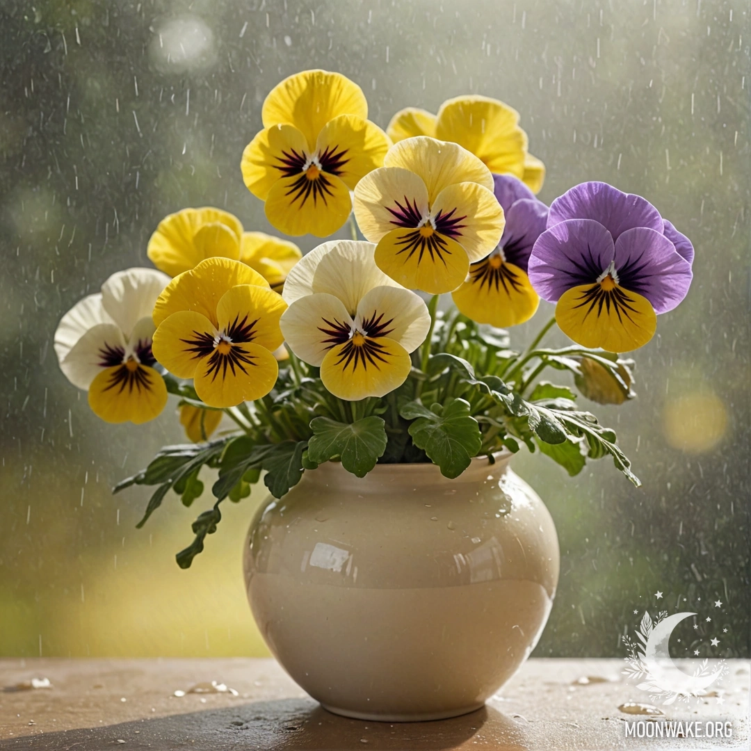 Ваза с кремово-желтыми фиалками, окруженная туманом и дождем, освещенная солнечными лучами.