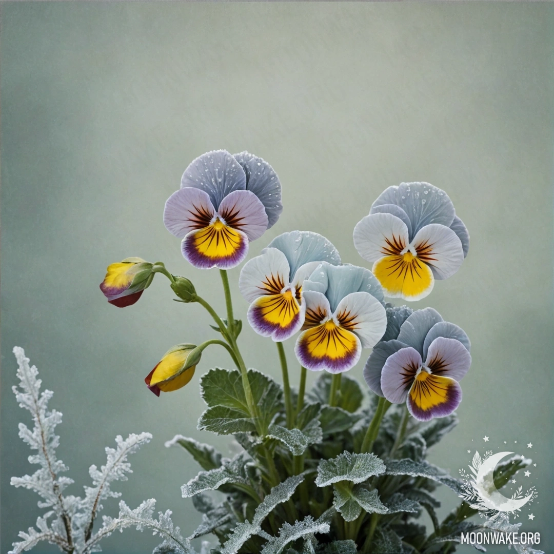 Спокойная композиция фиалок на морозном фоне шалфейного цвета.