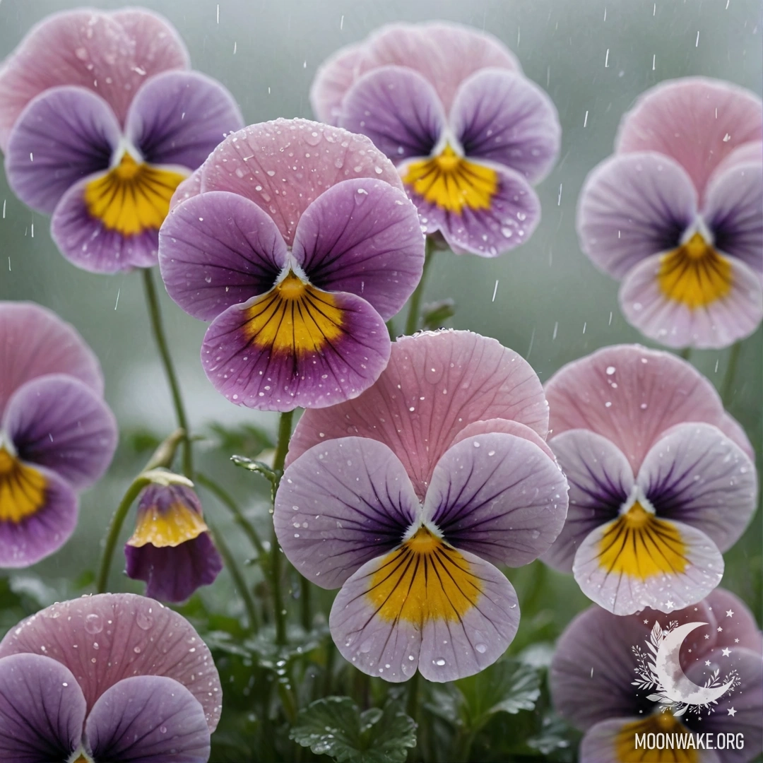 Нежное расположение розовых анютиных глазок на фоне туманного дождя.