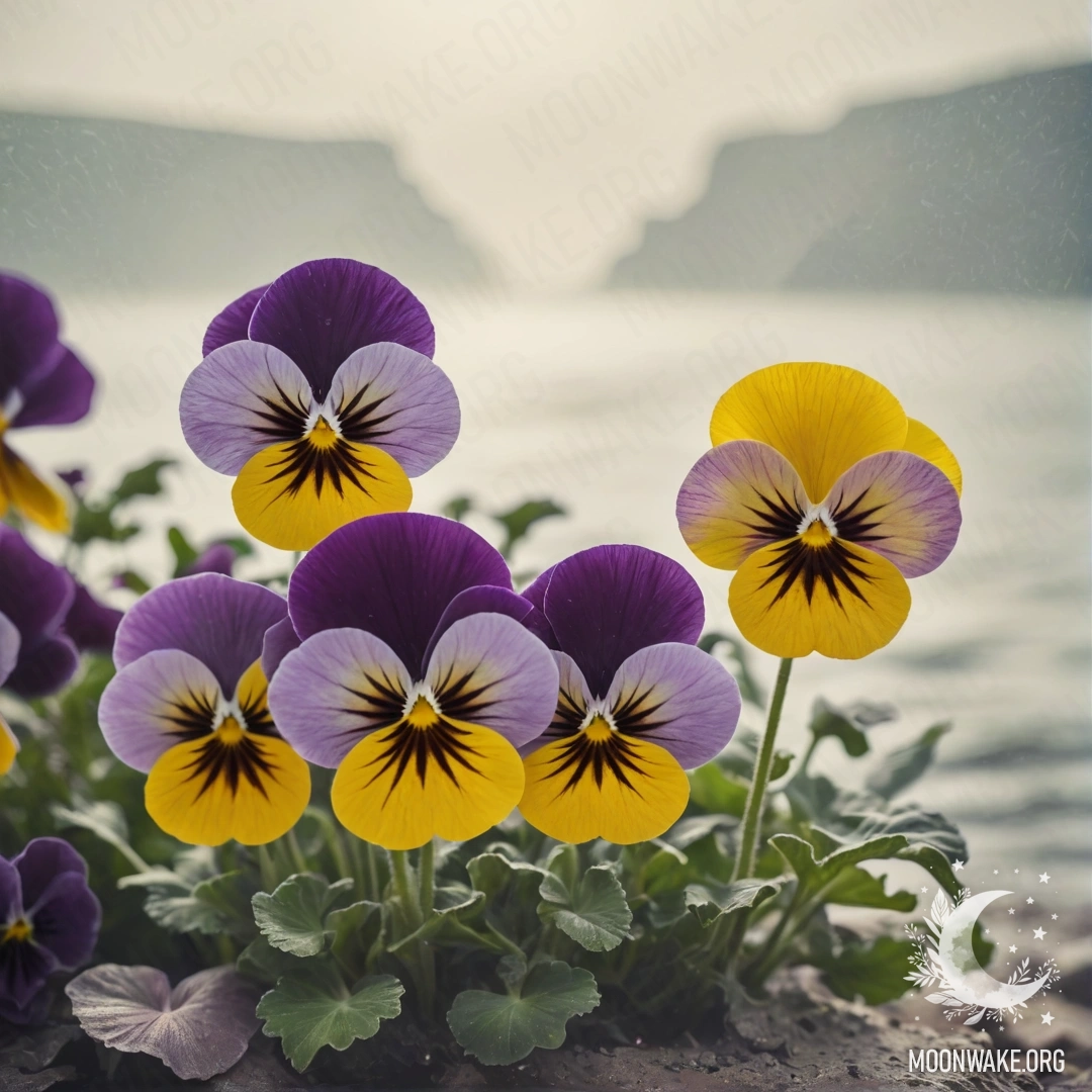 Нежная композиция фиалок, окутанная легким туманом, с солнечными лучами, пробивающимися сквозь нее, в цветах, напоминающих морские волны.