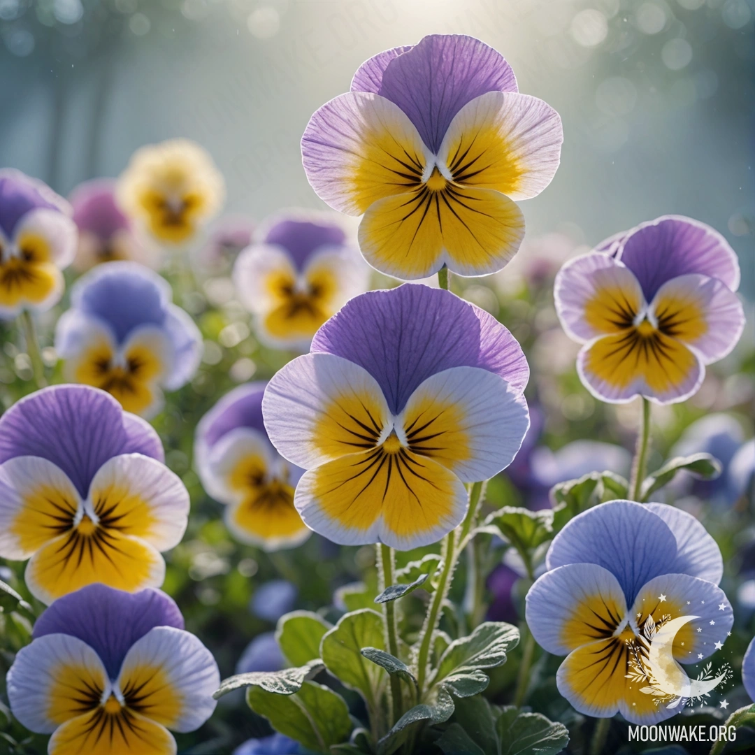 Нежная синяя картина с анютиными глазками в тумане и солнечными узорами.