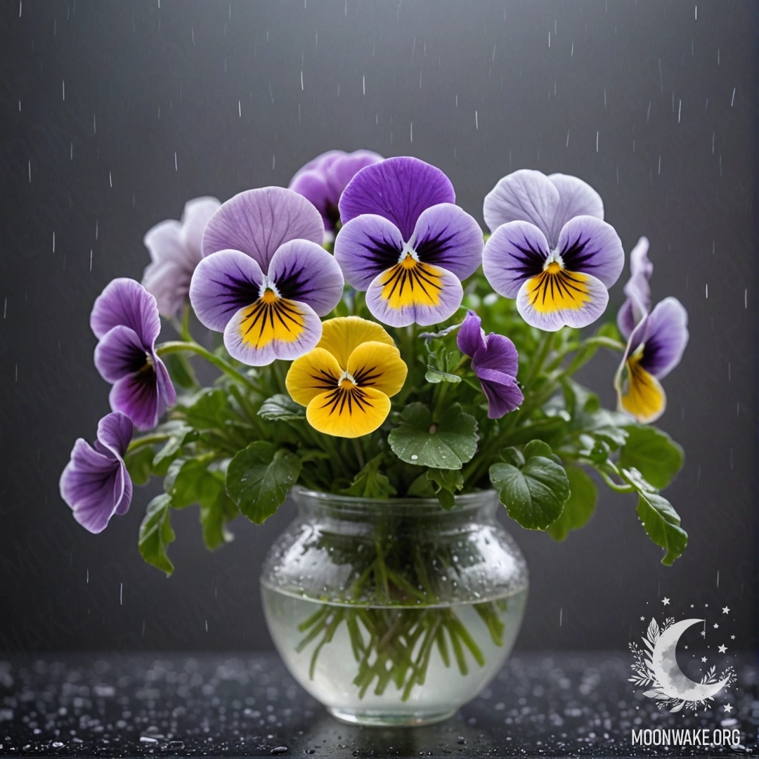 Ваза с анютиными глазками пастельных оттенков в тумане под дождём ночью.