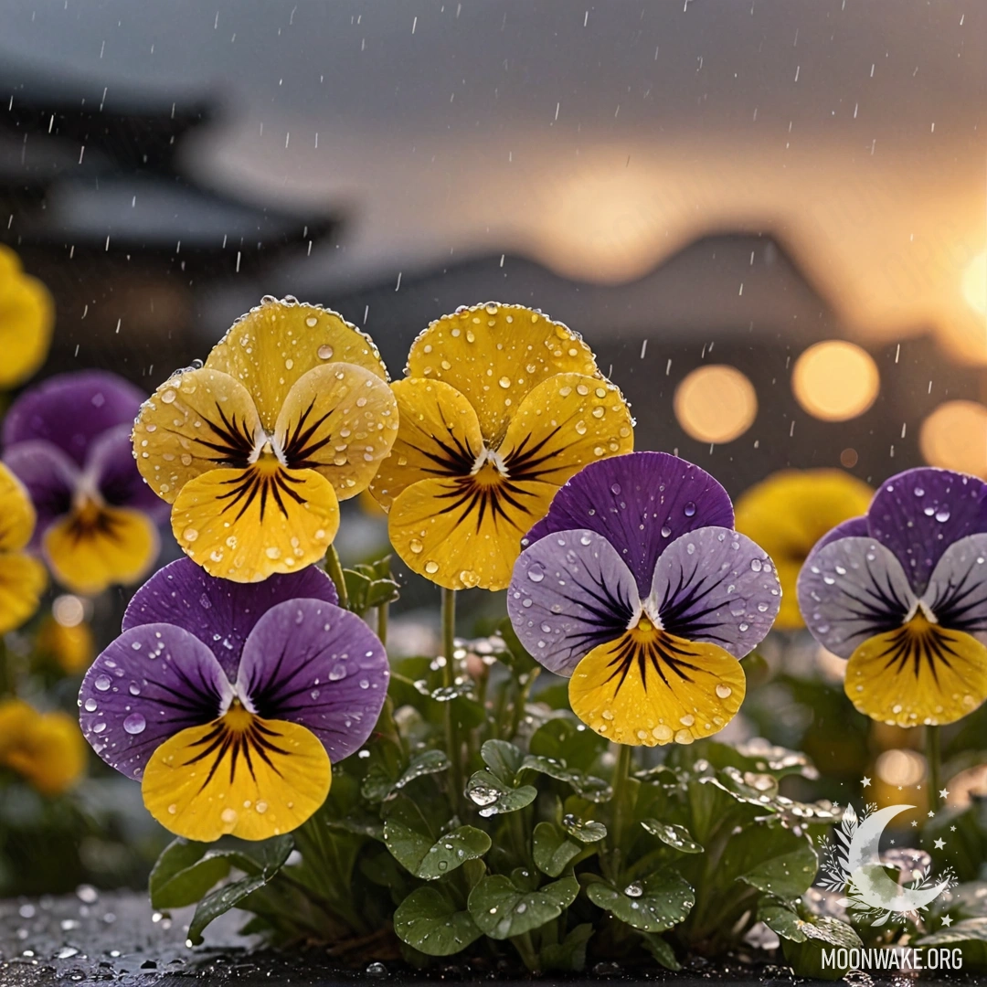 Минималистичное изображение желтых анютиных глазок под дождем на закате, украшенное стразами, в стиле японского искусства.