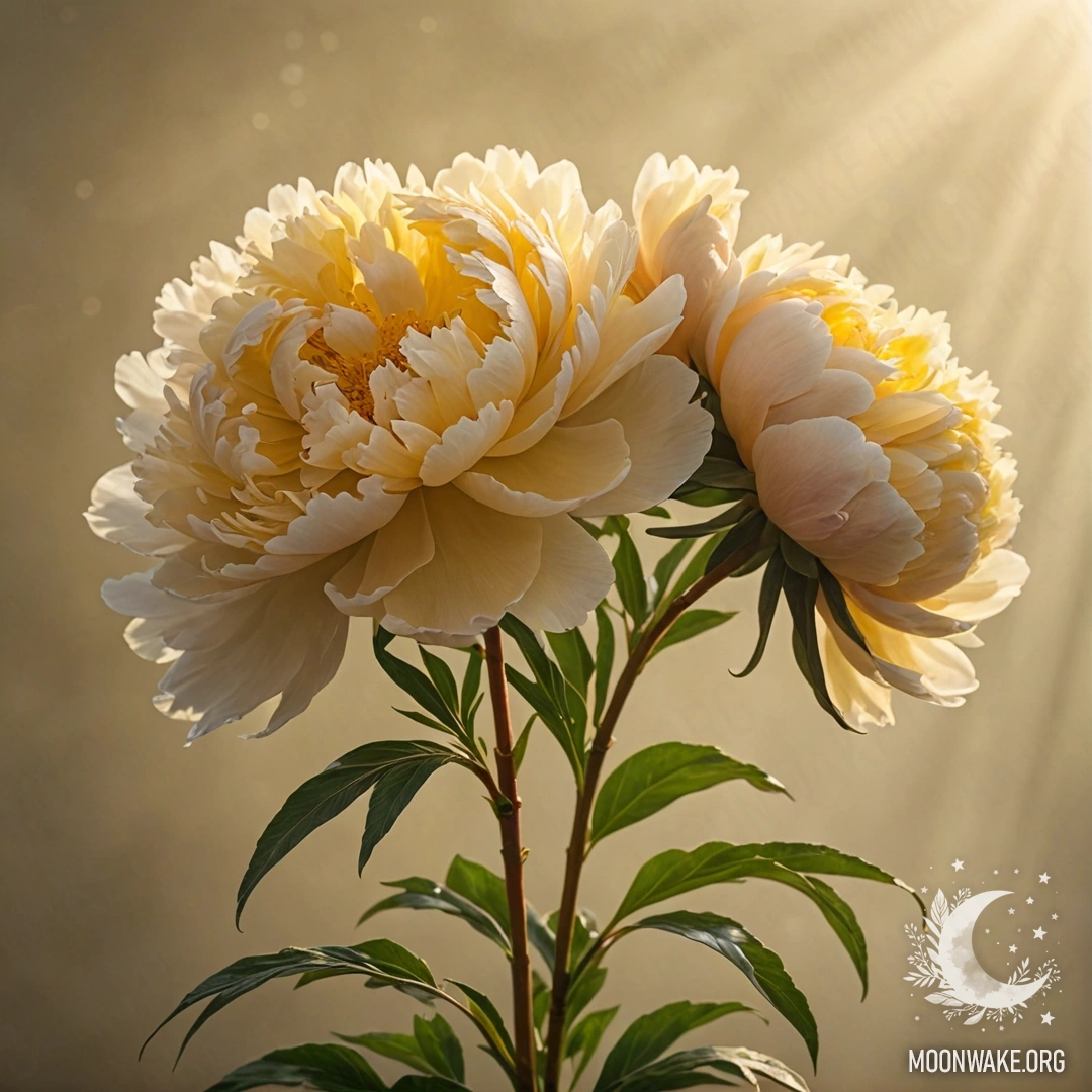 Нежный букет пионов золотистого цвета, окутанный туманом с солнечными лучами.