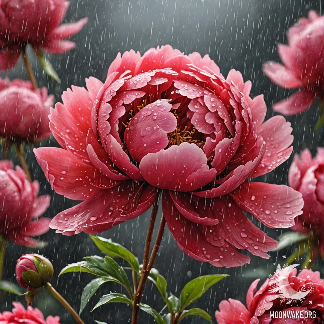 Красная пион под дождем с блестящими каплями воды.