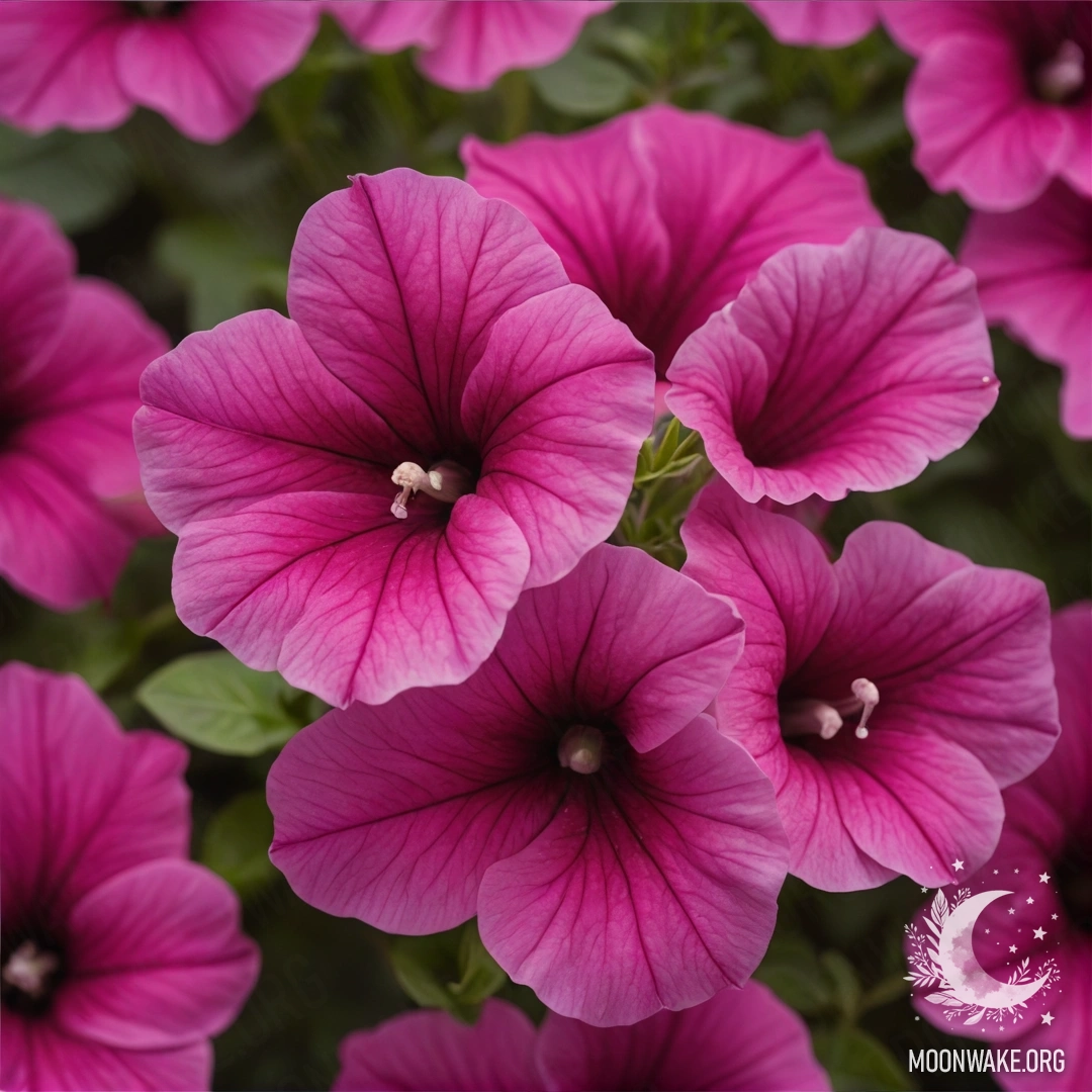 Минималистичное произведение искусства с фуксиевыми петуниями, окутанными туманом, напоминающее старую открытку.