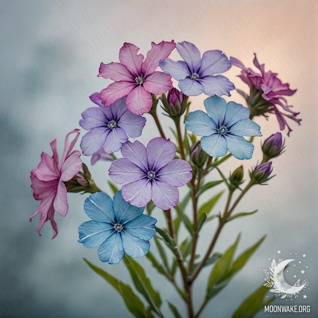 Нежный букет флоксов аквамаринового цвета, растворяющийся в тумане на закате.