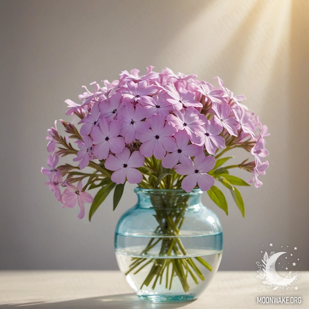 Минималистская ваза с нежными цветами флокса, окруженности солнечными лучами.