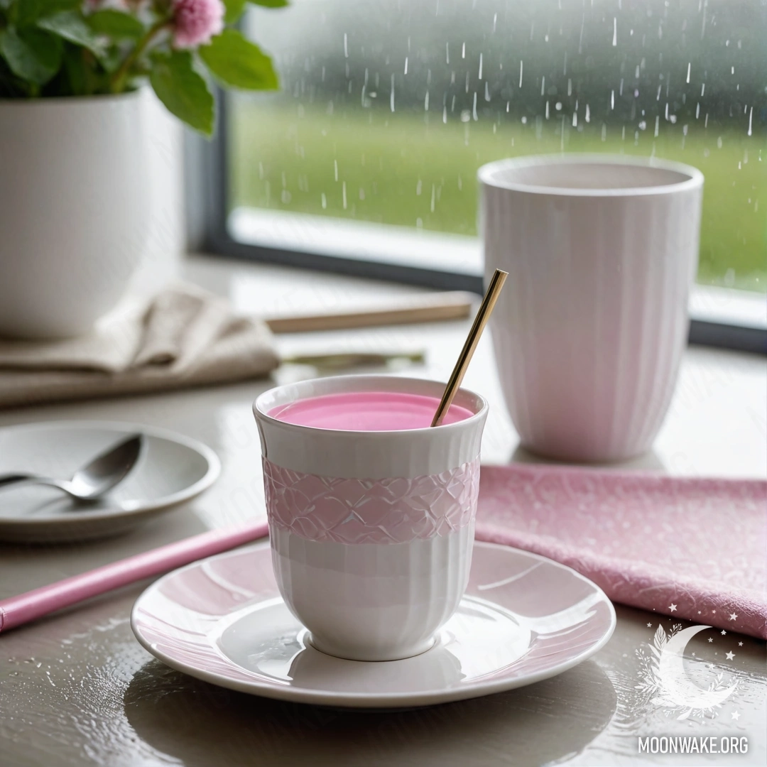 Круглая стяжка из соломы с фарфоровыми чашками с розовым узором, рядом с клевером в белой вазе под дождем.