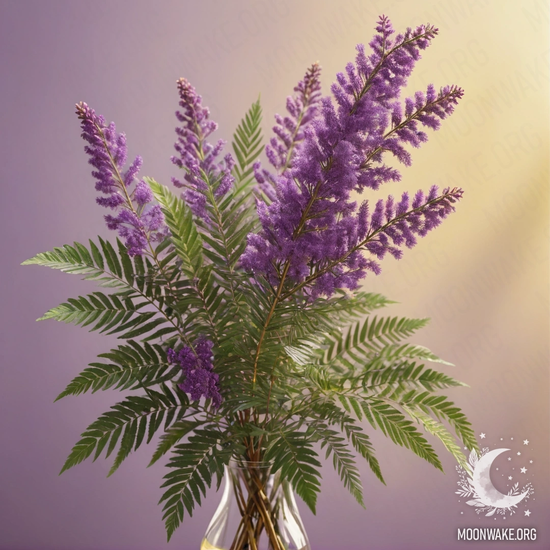 Минималистичный букет фиолетовых мимоз, окружённый солнечными лучами.