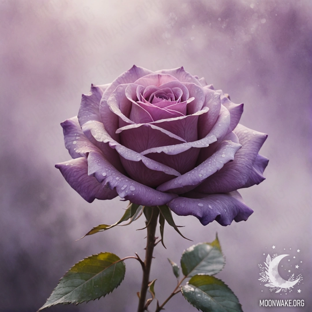 Нежная роза, окруженная туманом, с солнечными лучами, пробивающимися сквозь пурпурный фон акварельной размывки.
