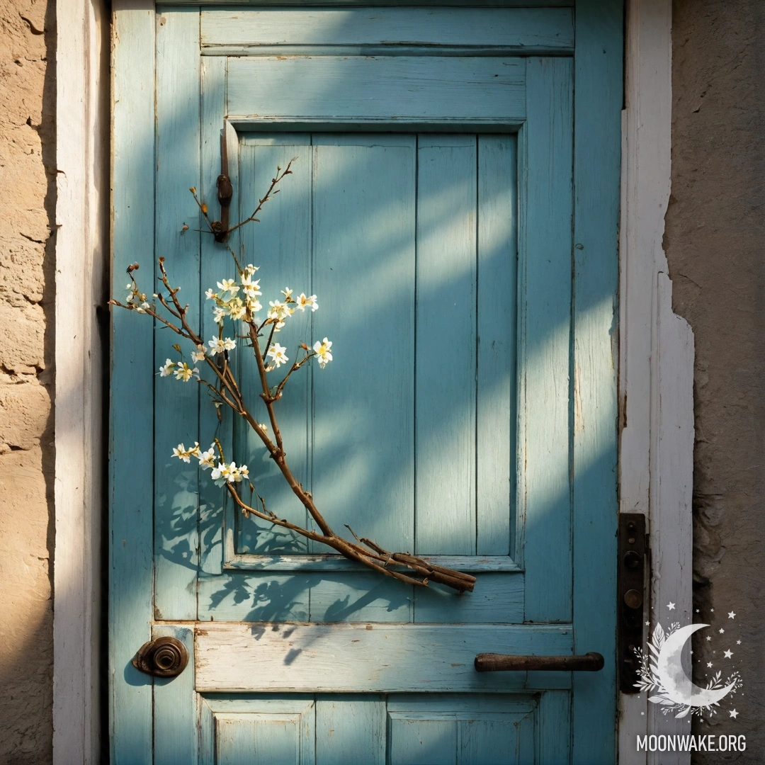 Потрепанная дверь, украшенная веточками и цветами на ручке, залитая солнечными лучами.