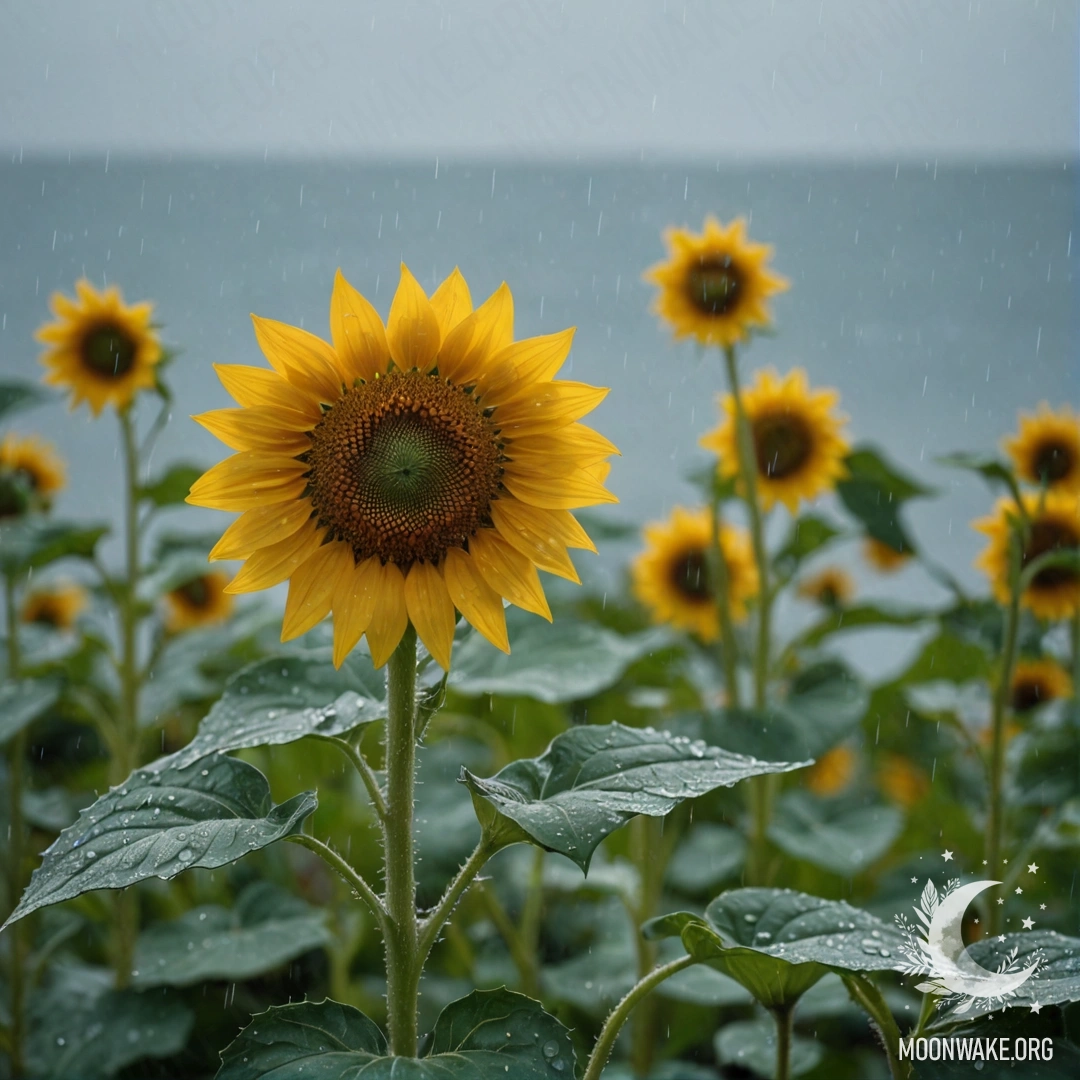 Минималистичная композиция с подсолнухами под дождем и узорами морских волн в стиле Арт Нуво.