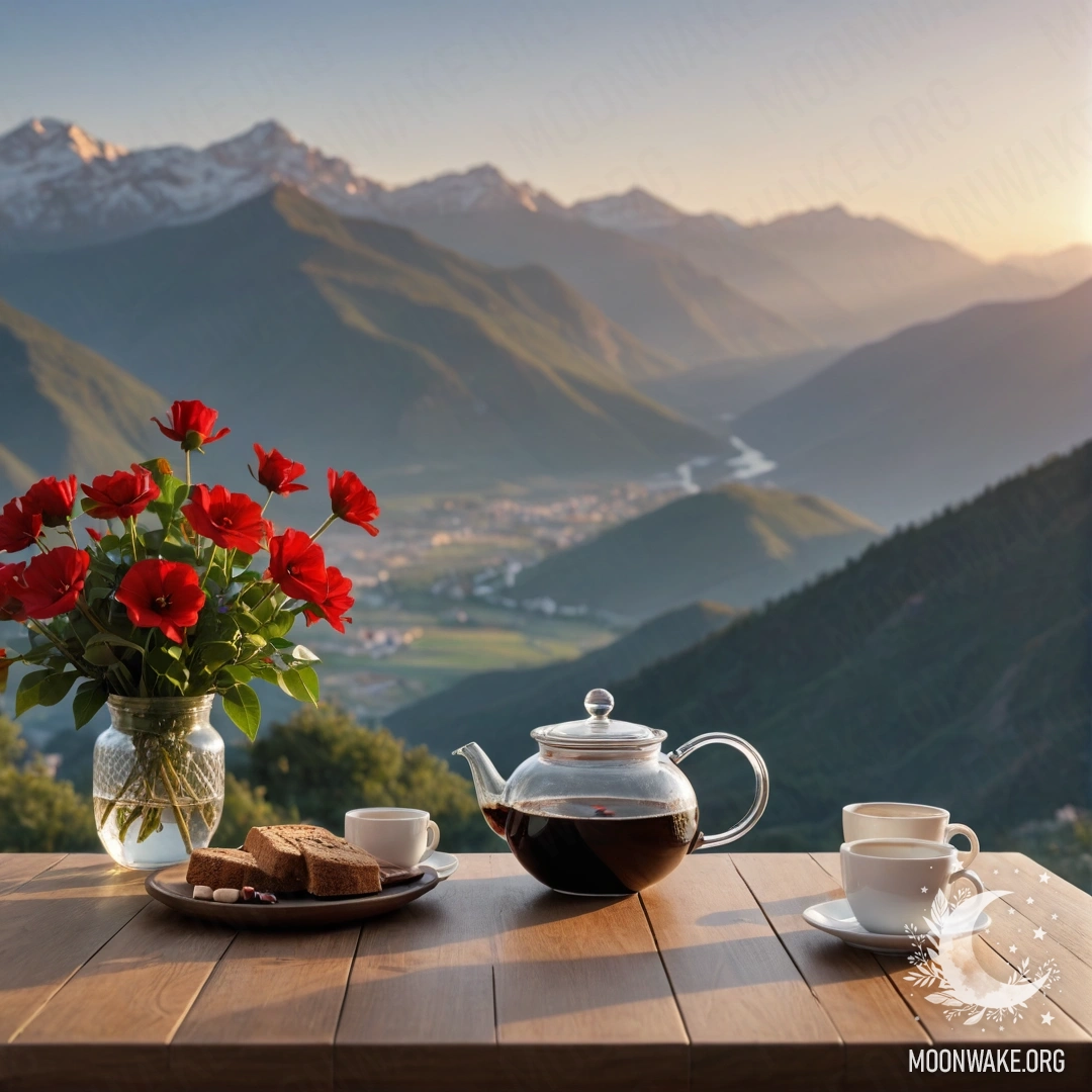 Минималистичный деревянный стол с банкой красных цветов, кофейником и чашками на фоне заката в горах.