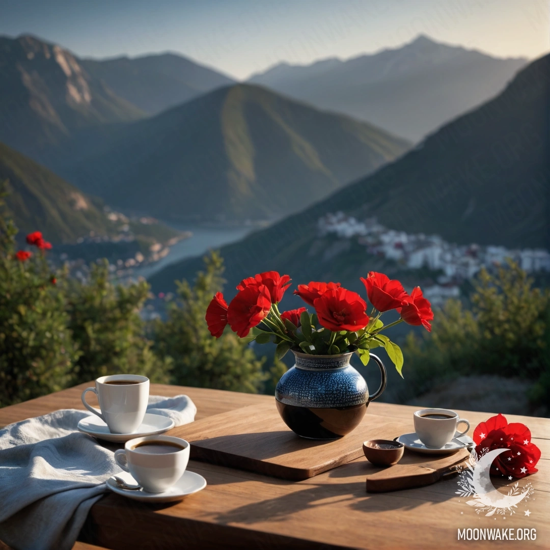 Деревянный стол с красными цветами, кофейником и чашками на фоне гор в ночном небе.