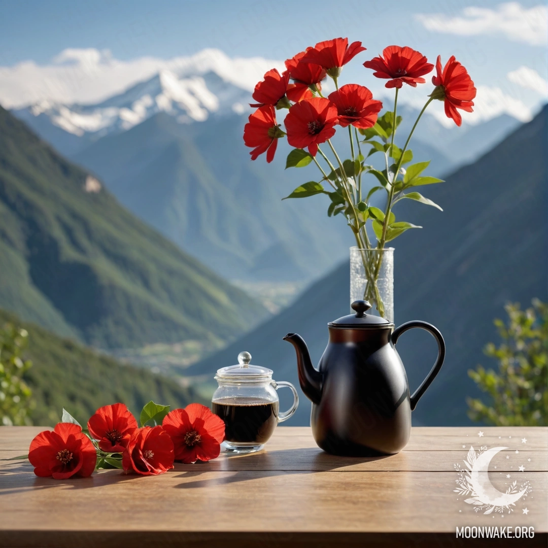 Деревянный стол на фоне гор, на котором стоит банка с красными цветами, кофейник и чашки.