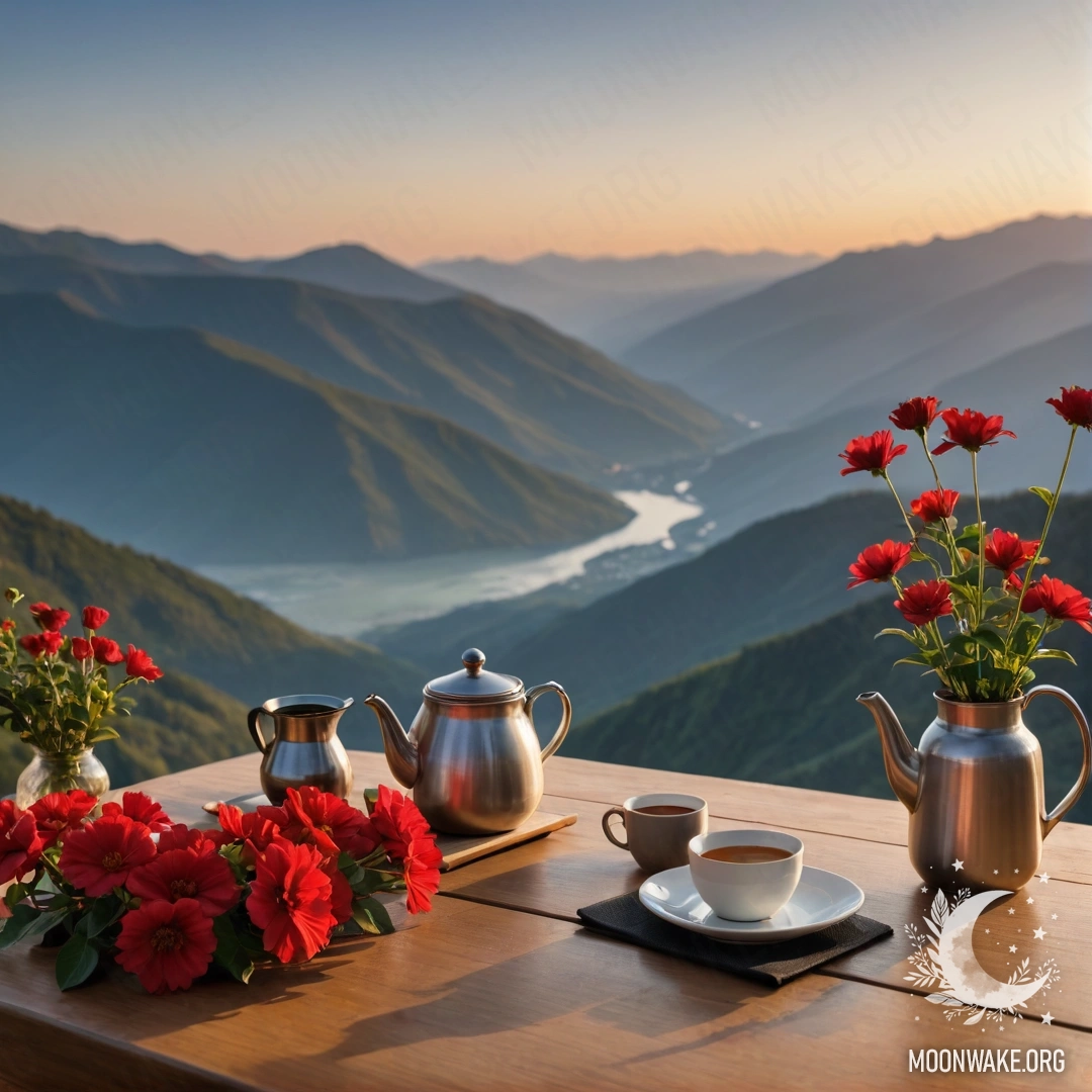 Минималистичный деревянный стол с банкой красных цветов, кофейником и чашками на фоне гор на закате.
