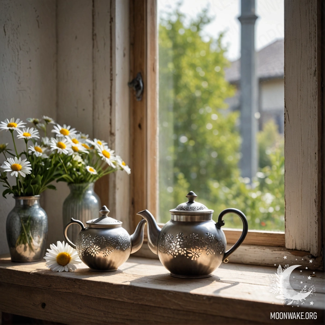Металлический чайник с узорами, стоящий на потрёпанном деревянном подоконнике, окружённый ромашками.