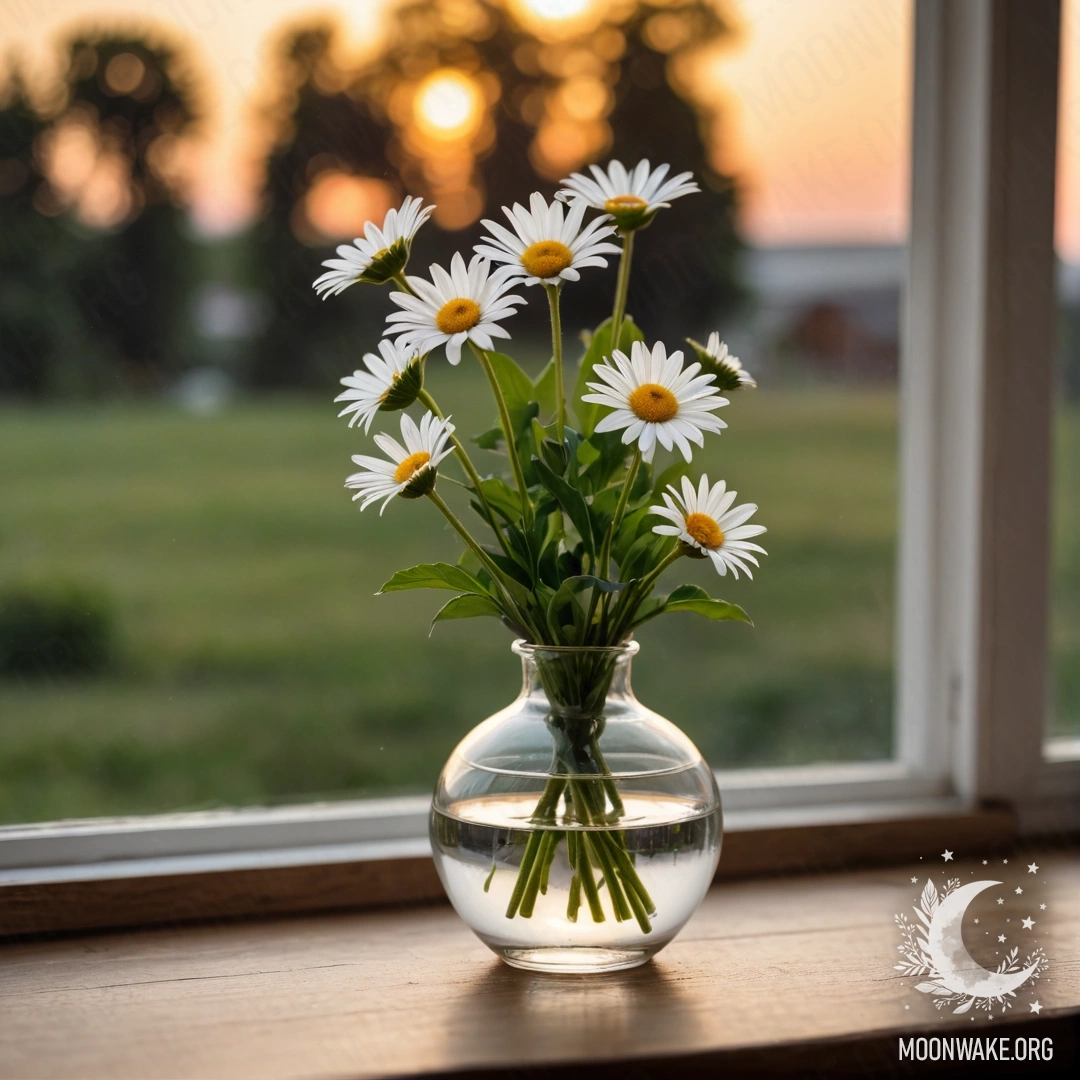 Стеклянная ваза с ромашками на деревянном винтажном подоконнике на закате.