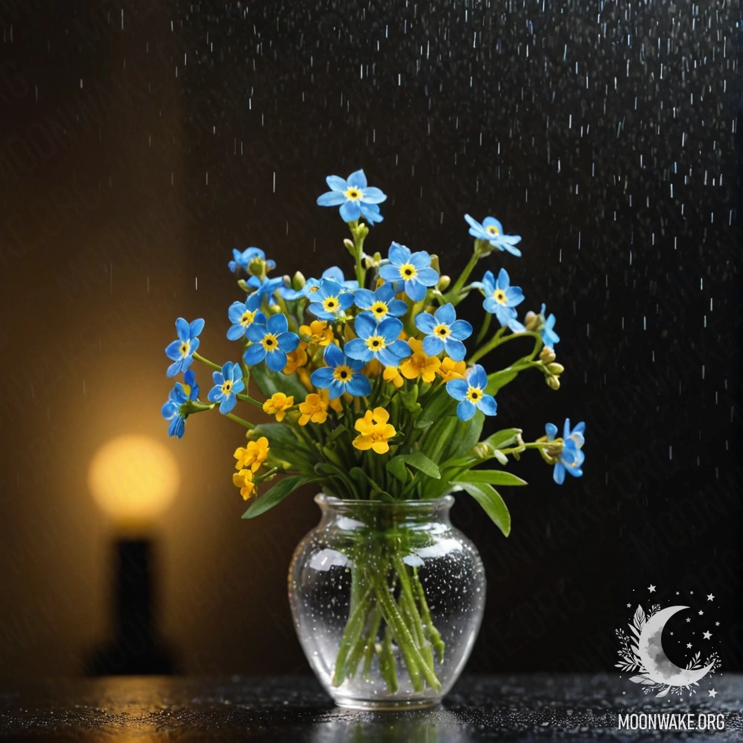 Желтая ваза с незабудками, освещенная ночным дождем.