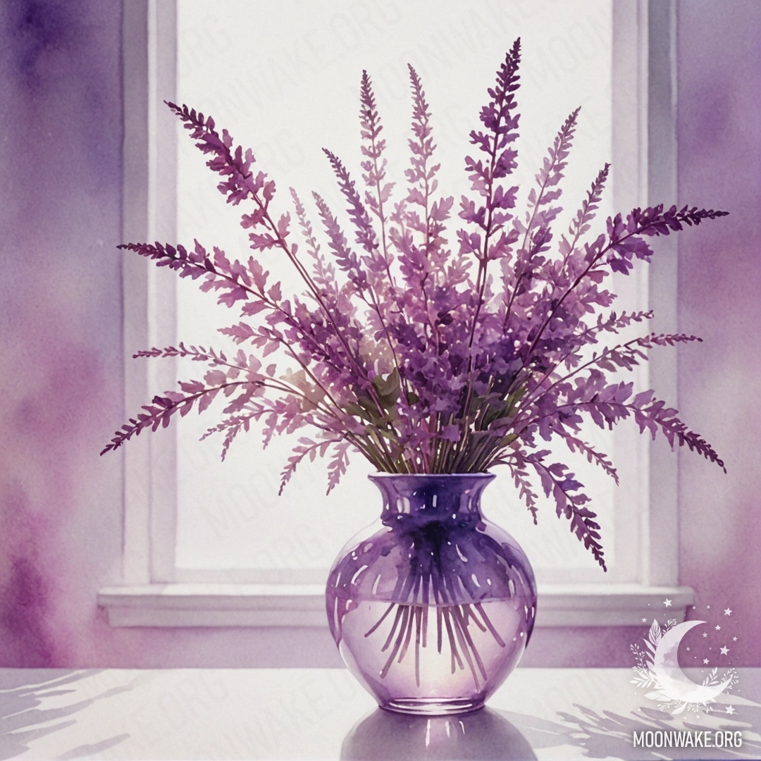 Минималистичная ваза с розовыми цветами, окруженная фиолетовым туманом и солнечными лучами.