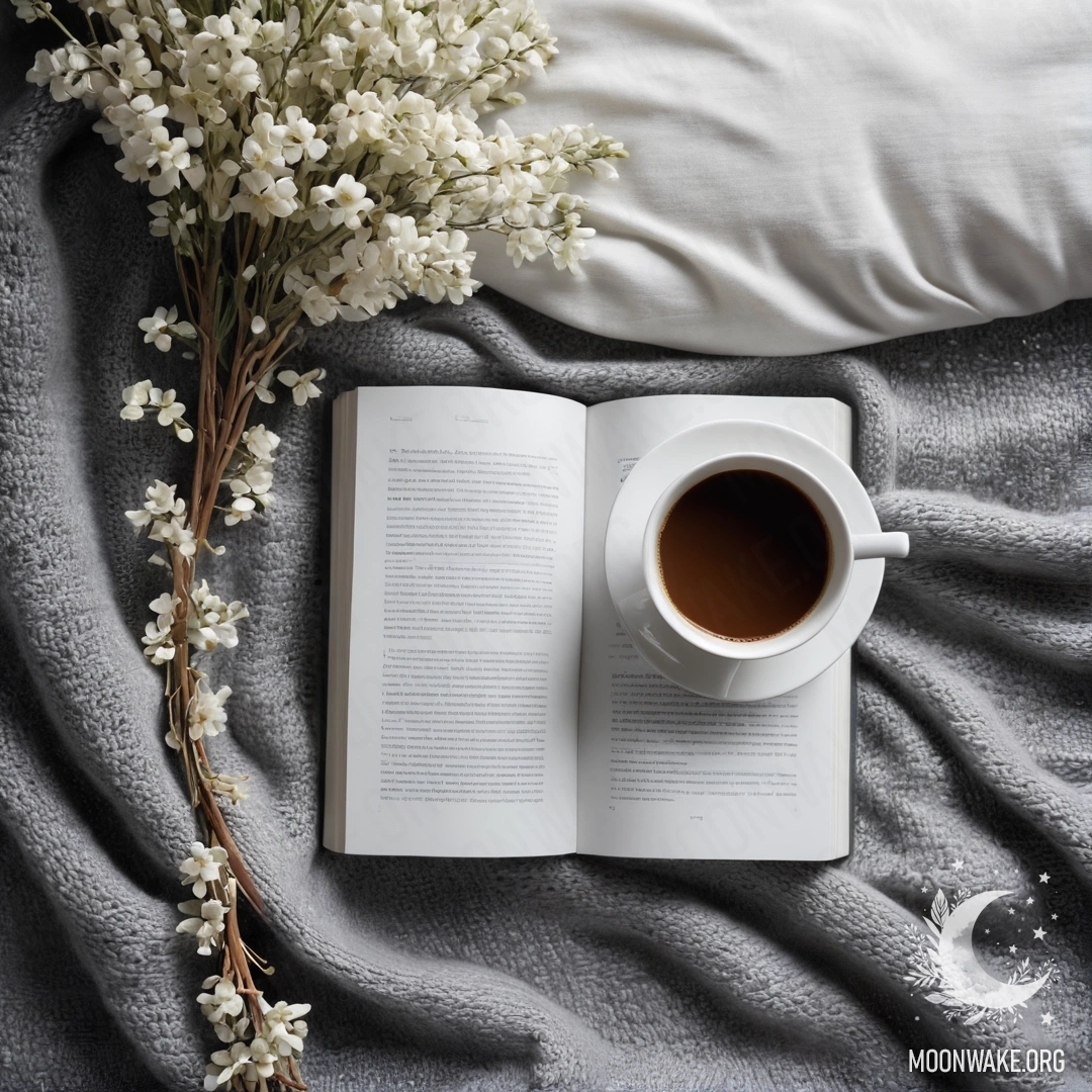 Крупный план белого стула, украшенного серым вязаным пледом, книгой, веточкой с белыми цветами и белой чашкой кофе с мягким светом гирлянды.