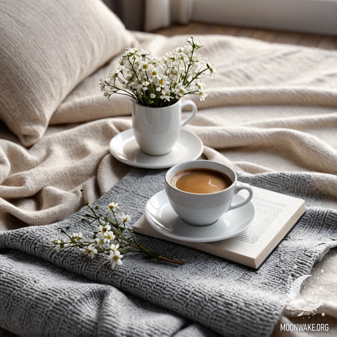 Крупный план белого кресла, на котором лежит серый вязаный плед, книга, ветка с белыми цветами и белая чашка кофе на фоне заката.