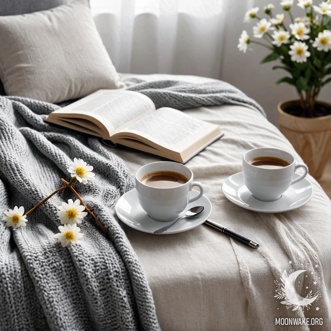 Крупный план минималистичного белого стула, украшенного серым вязаным пледом, книгой, ветвями с белыми цветами и белой чашкой кофе, освещенными солнечными лучами.