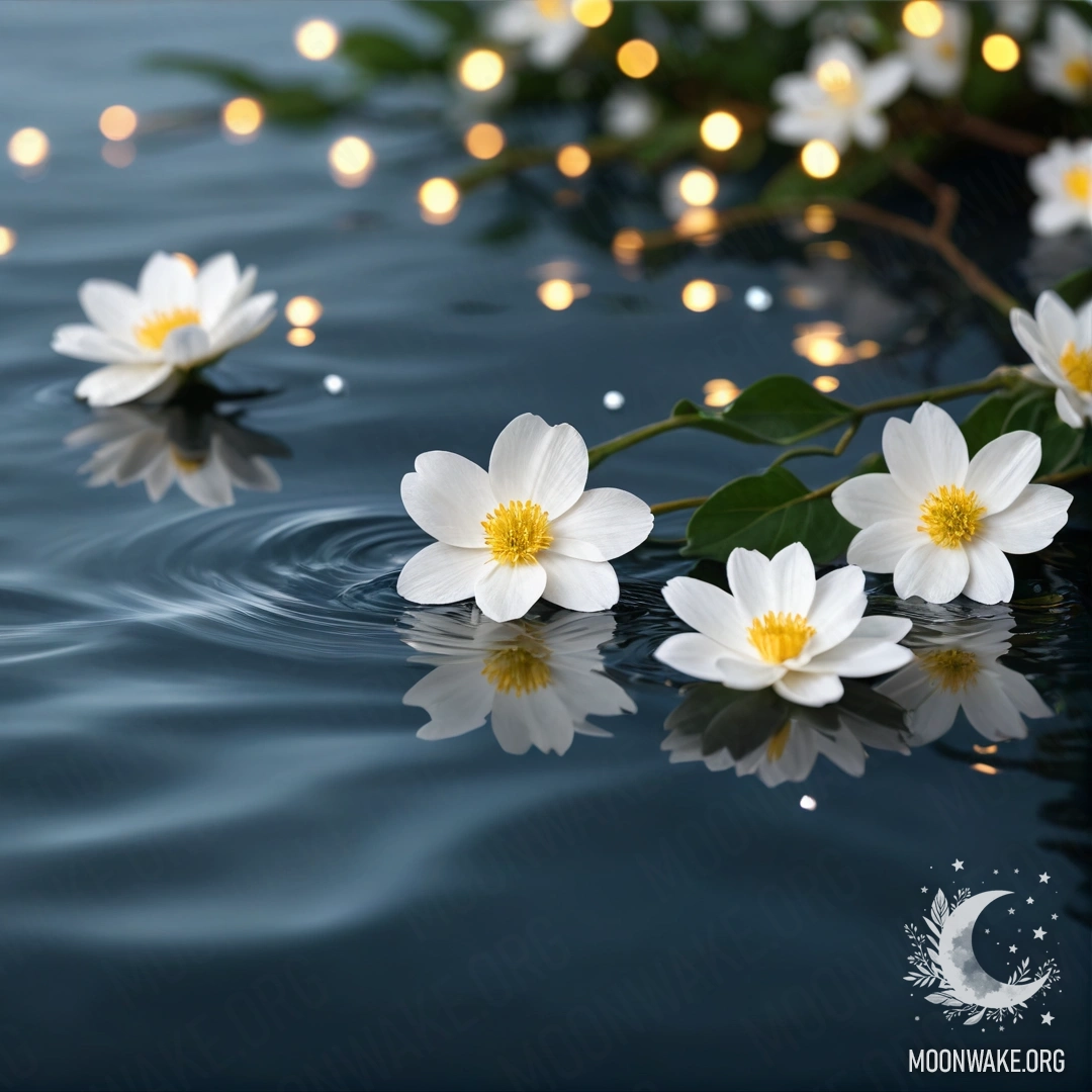 Умиротворяющая композиция из белых цветов, плавающих на спокойной воде, украшенная светящимися гирляндами.
