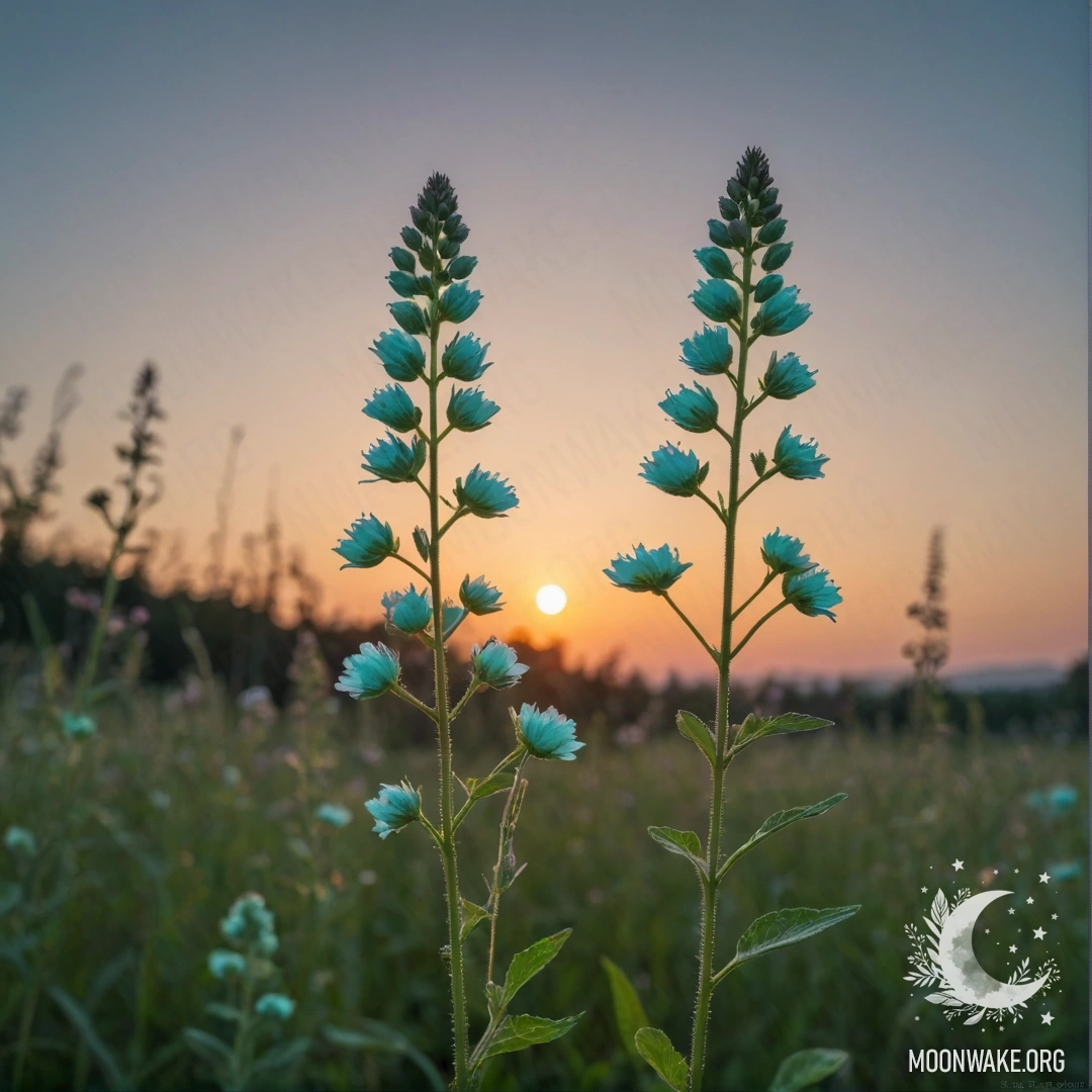 Спокойный пейзаж с полевыми цветами на фоне мятного заката.