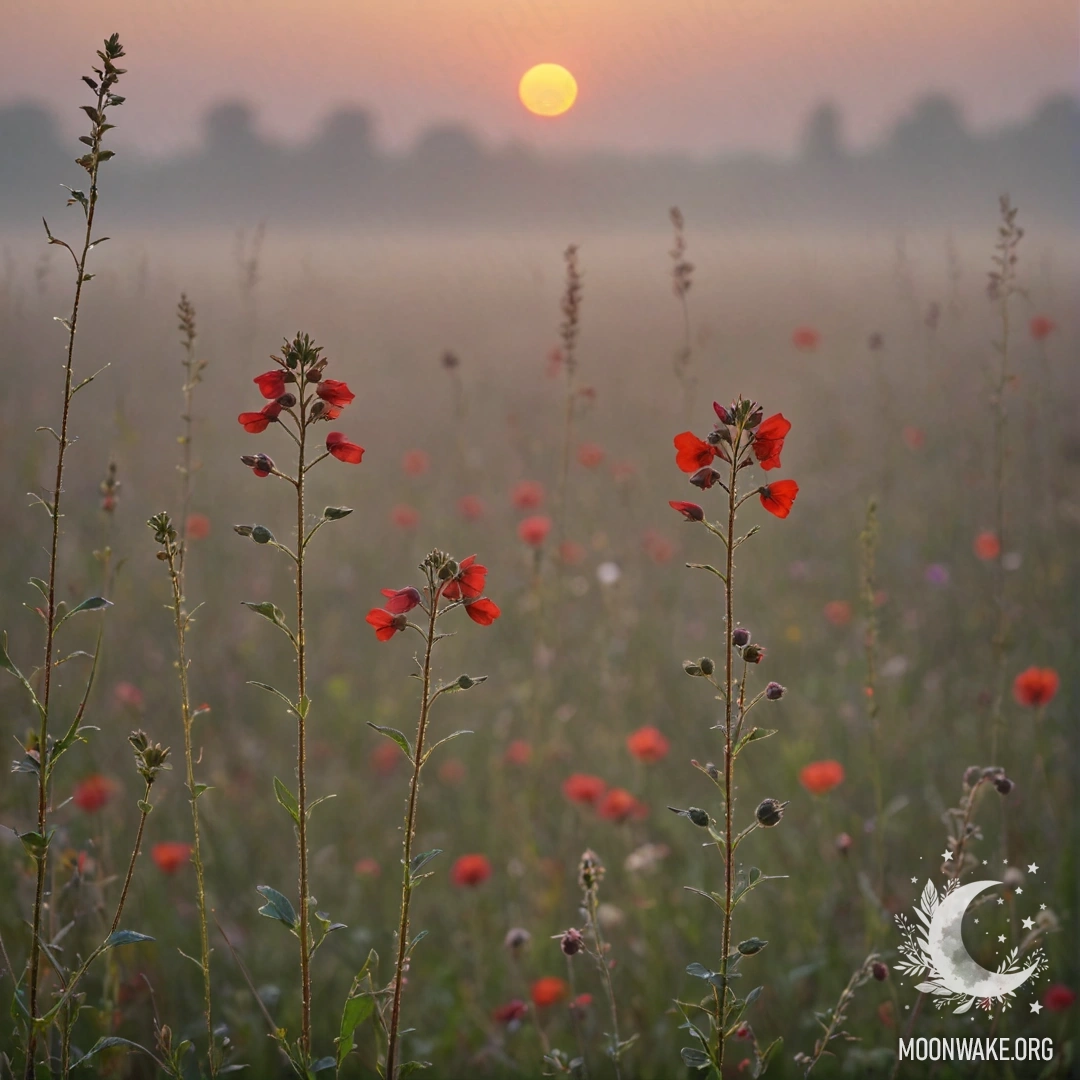 Спокойный пейзаж с полевыми цветами в тумане, освещенными закатом, с красными пайетками, сверкающими в мягком свете.