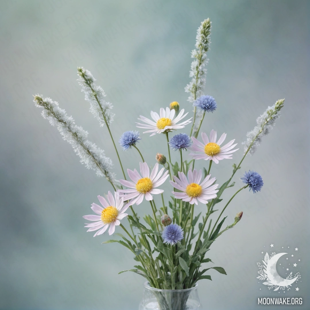 Букет полевых цветов, покрытых инеем, с нежными пастельными оттенками.