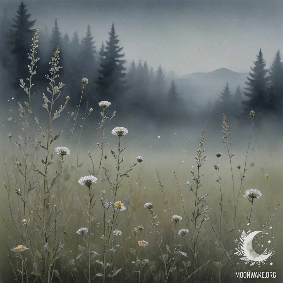 Спокойное изображение полевых цветов в туманной ночной сцене с стразами.