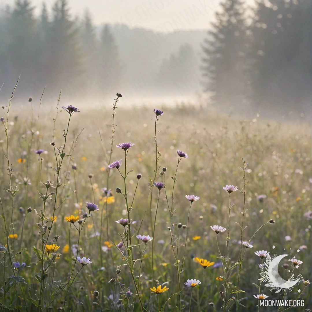 Успокаивающий вид на полевые цветы нежных пастельных оттенков, окутанные туманом и солнечными лучами.
