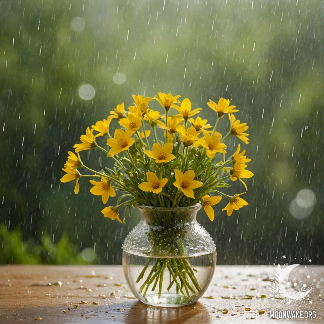 Ваза, наполненная желтыми полевыми цветами, собранными под дождем при солнечных лучах.