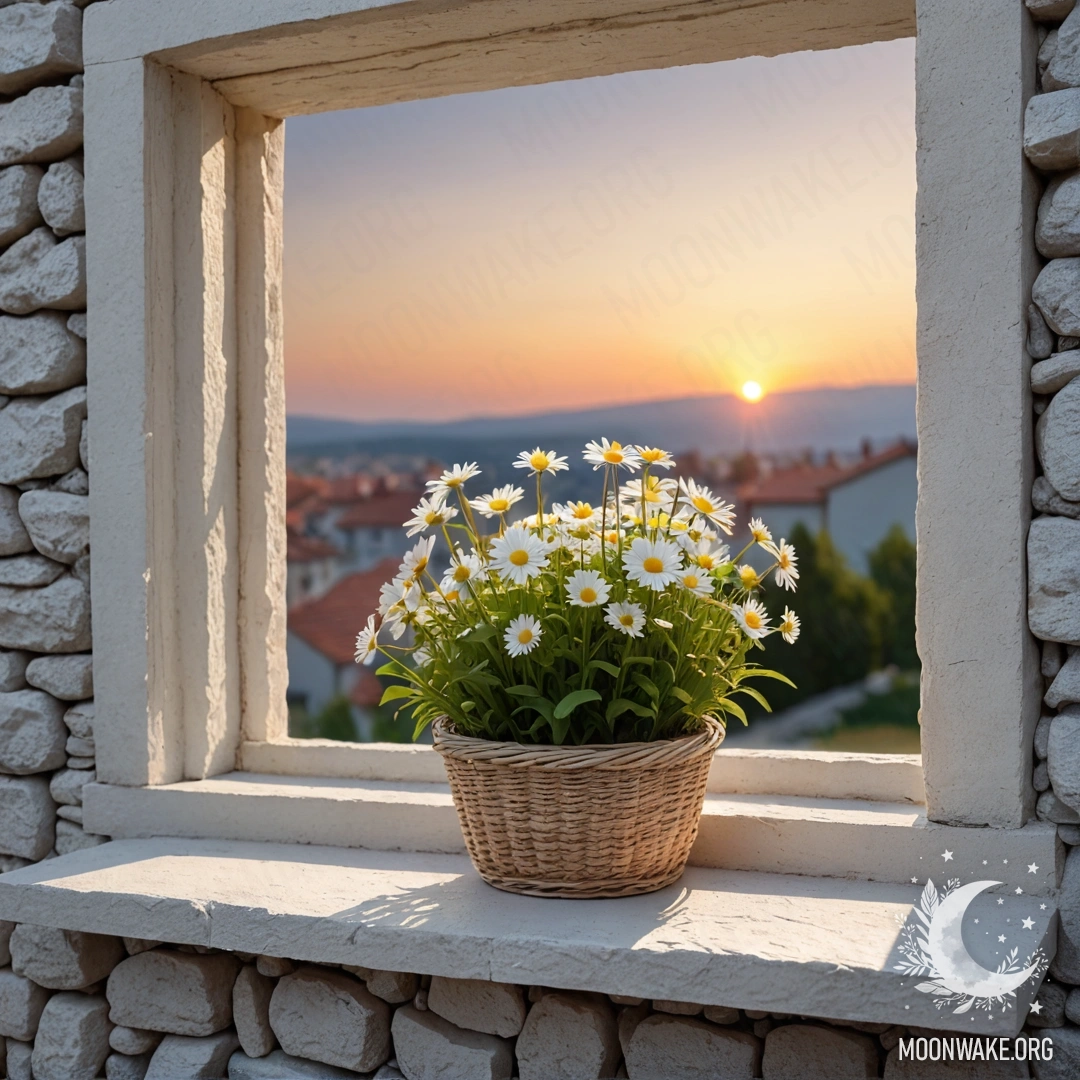Минималистичный пейзаж с белой каменной стеной и открытым окном, на подоконнике находится корзина с ромашками на фоне заката.