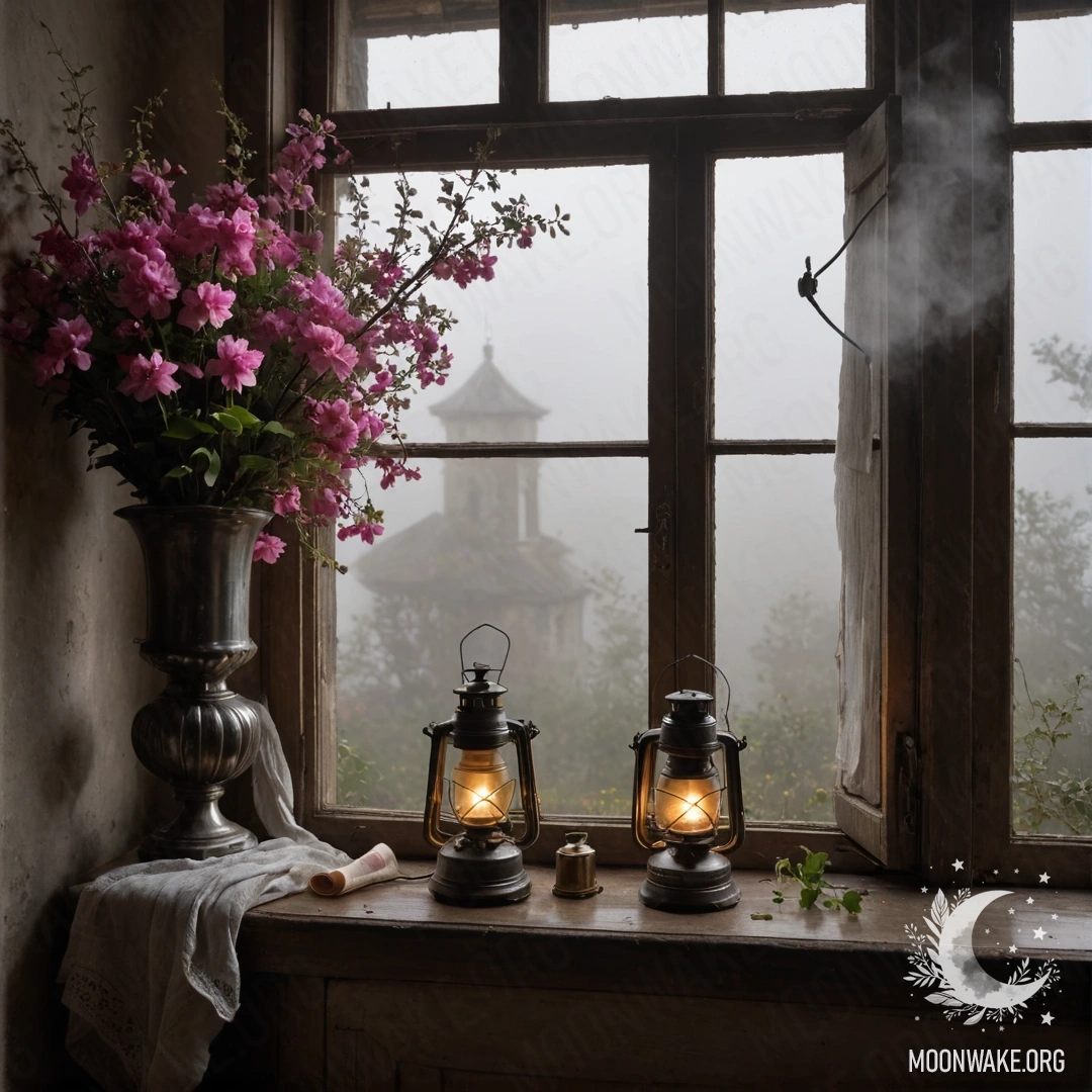 Старое деревянное окно с ставнями, керосиновая лампа над ним и ветка с розовыми цветами в тумане.
