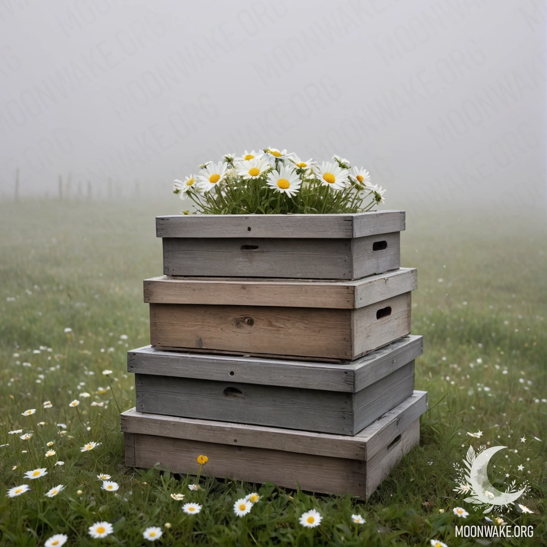 Две потертые деревянные коробки, сложенные друг на друга, сверху которых нежные ромашки в густом тумане.