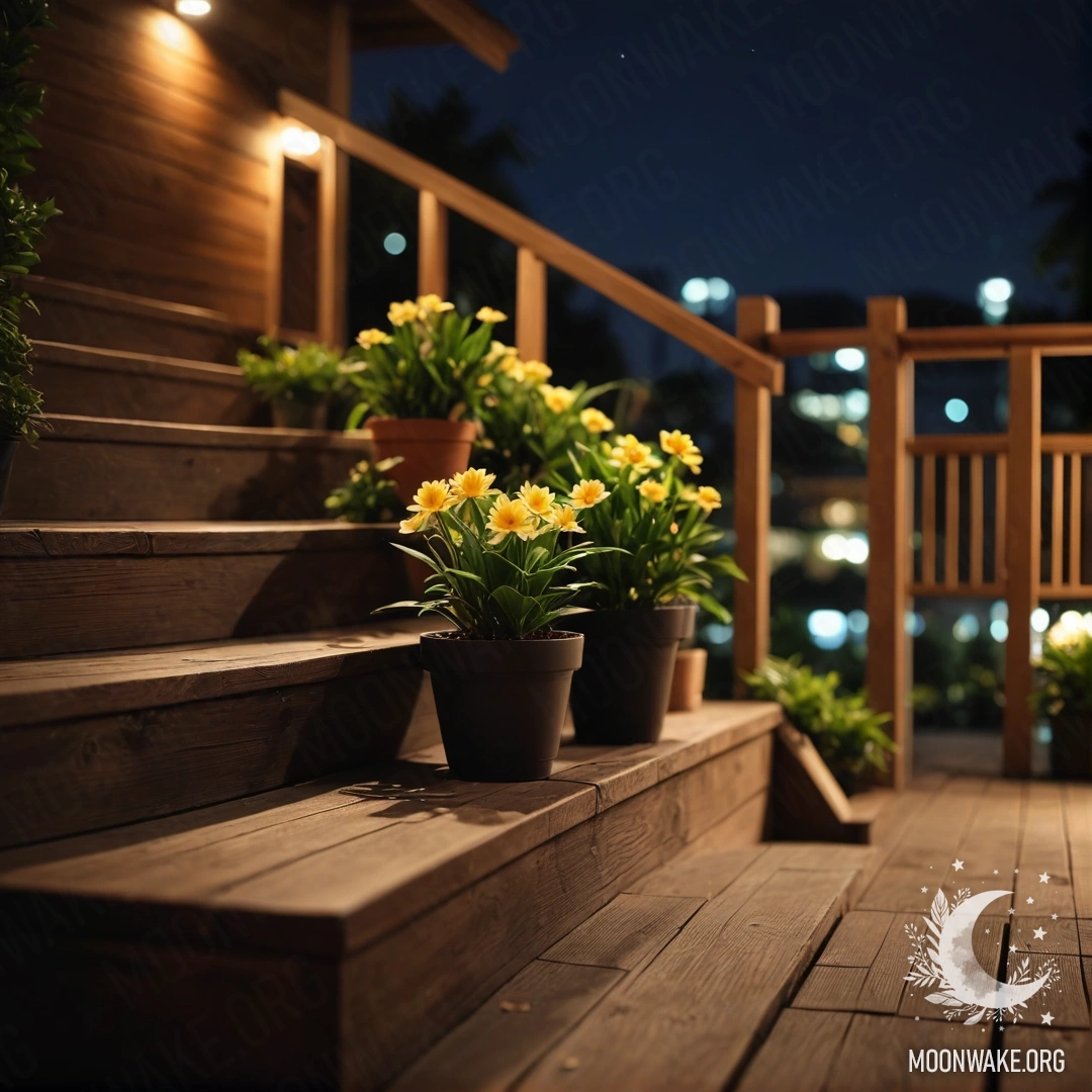 Фотография деревянной лестницы, украшенной цветочными горшками ночью.
