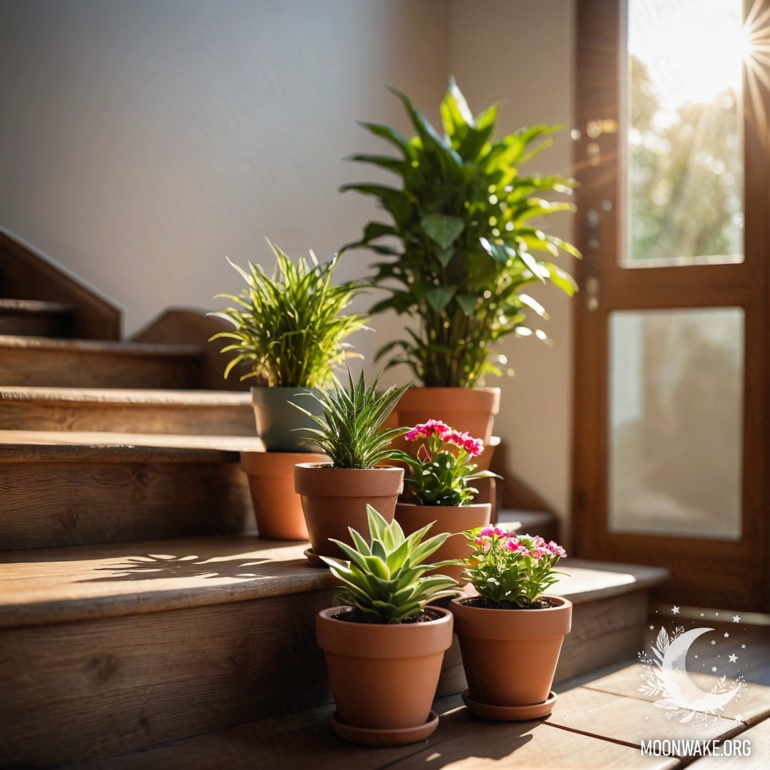 Деревянная лестница, украшенная цветочными горшками на солнечном свете.