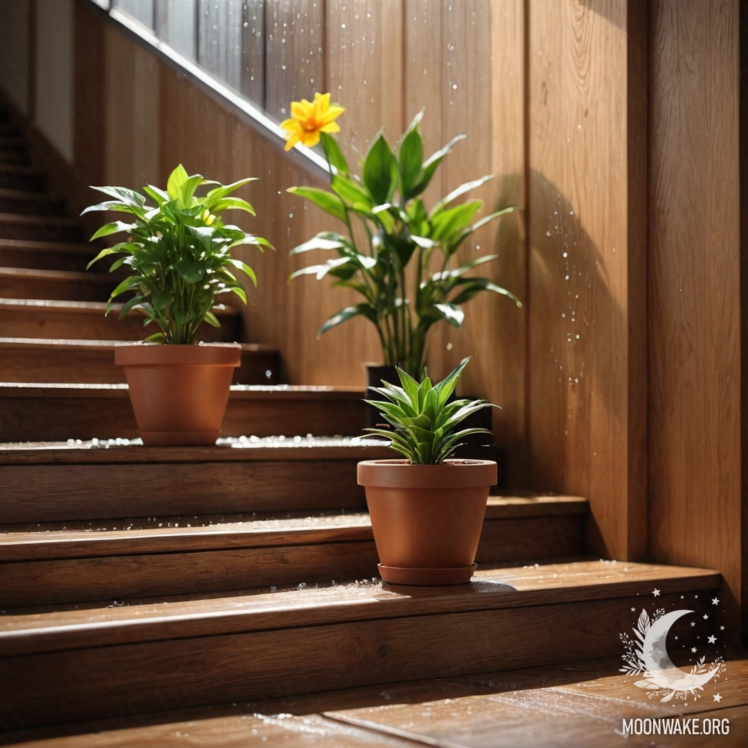 Деревянная лестница с цветочными горшками, промокшими под дождём, создаёт спокойную и умиротворяющую атмосферу.