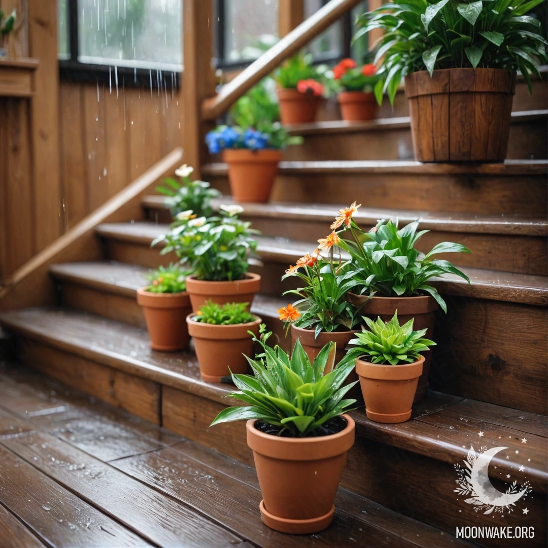 Деревянная лестница, украшенная горшками с цветами, промокшими под дождём.