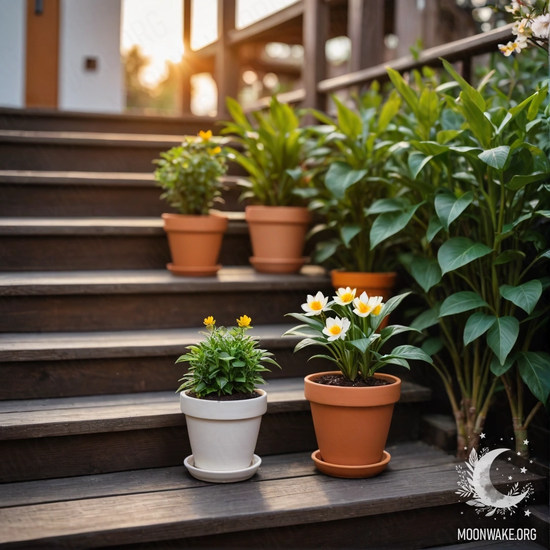 Деревянная лестница, украшенная цветочными горшками на фоне заката.