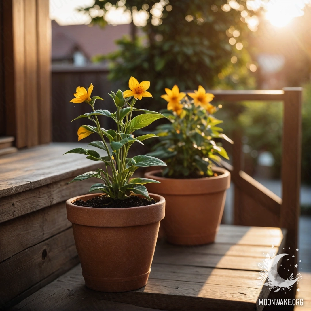 Минималистичная деревянная лестница, украшенная цветочными горшками под закатным небом.