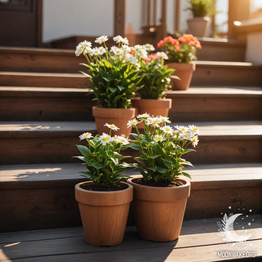 Минималистская деревянная лестница, украшенная цветочными горшками на закате.